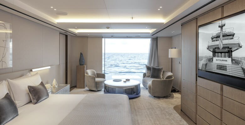 the monochromatic interior of the Amels Entourage superyacht