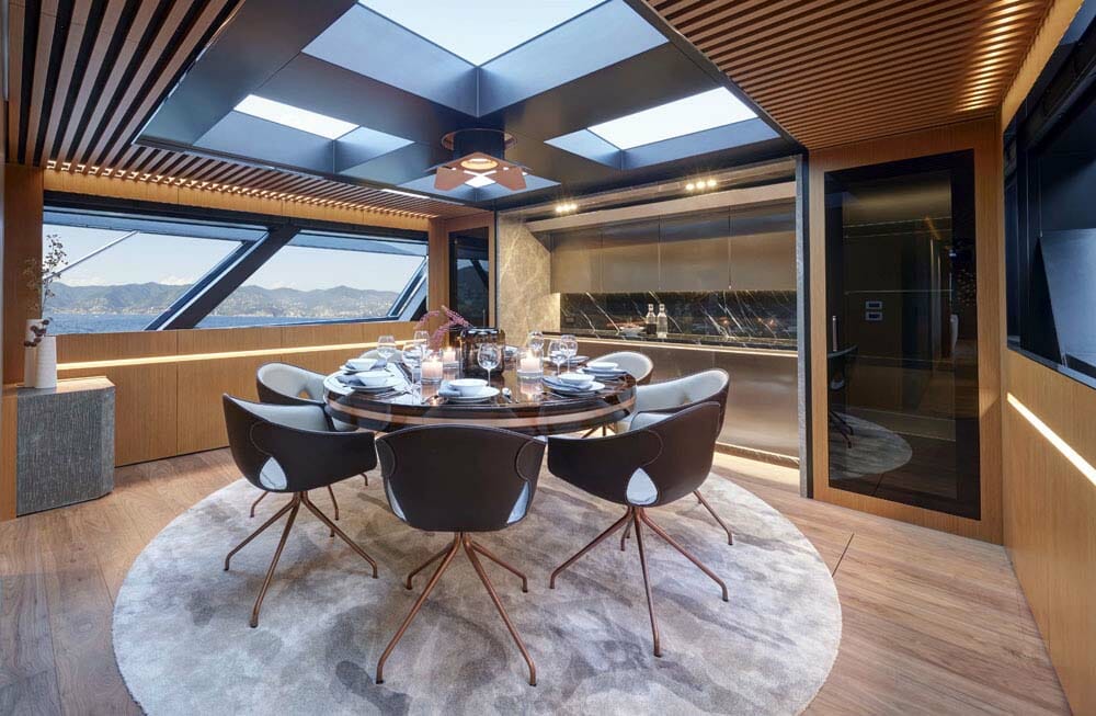 the superyacht dining area aboard the Van der Valk yacht Blue Jeans