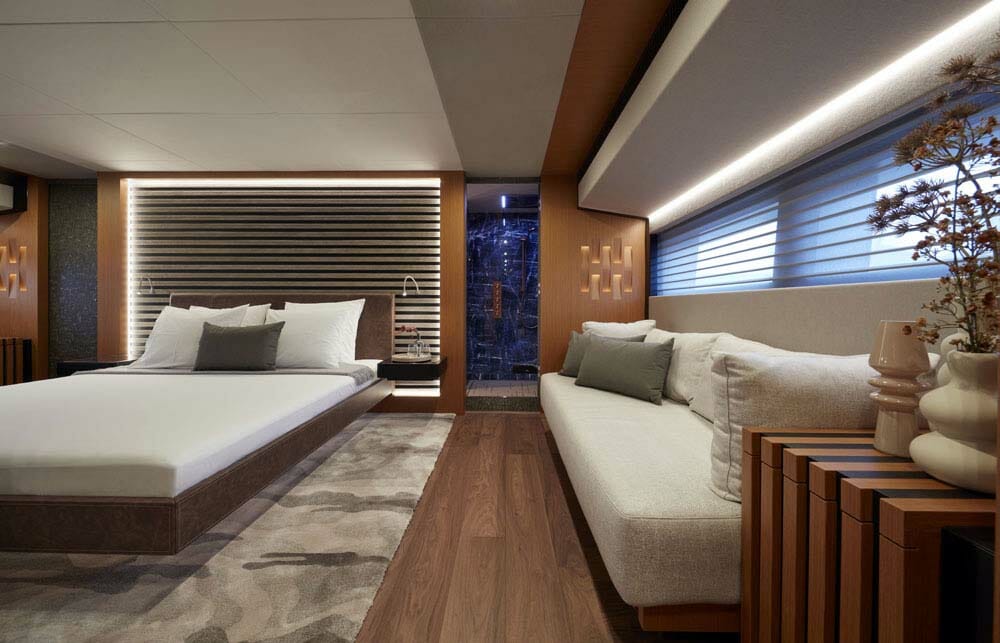 the superyacht master suite aboard the yacht Blue Jeans